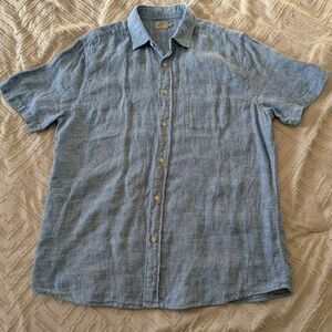 Faherty Men’s Large Blue Linen Button Down Shirt Short Sleeve Coastal Summer